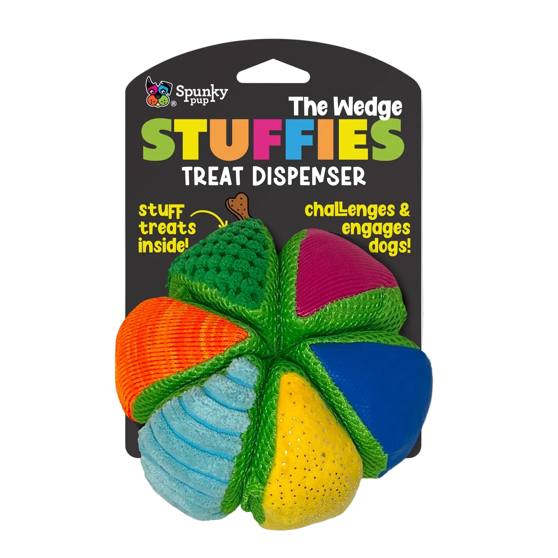 Colorful dog toy with 'Spunky Pup' branding on a white background