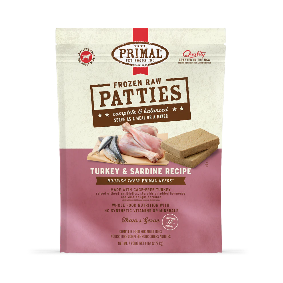 Primal Frozen Raw Turkey & Sardine Dog Food, Patties