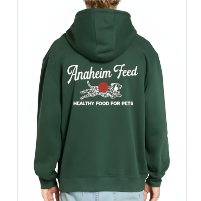 Comfortable green Anaheim Feed hoodie with full front zipper