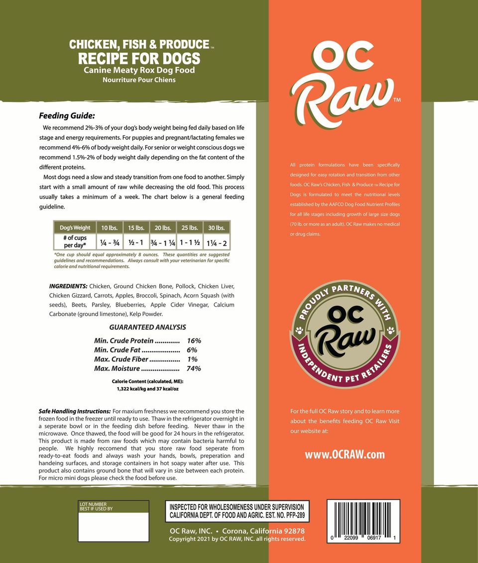 OC Raw Dog Chicken, Fish & Produce Meaty Rox, Frozen Raw Dog Food, 3-lb Bag