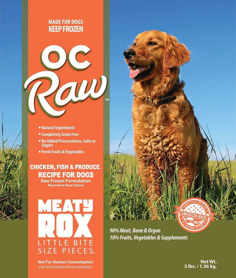OC Raw Dog Chicken, Fish & Produce Meaty Rox, Frozen Raw Dog Food, 3-lb Bag