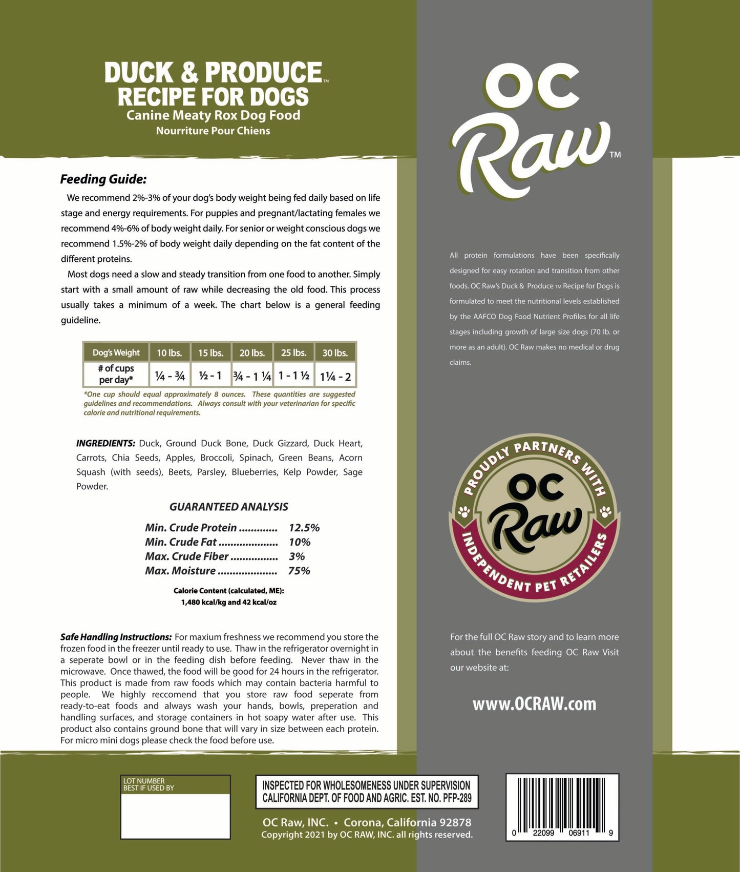 OC Raw Dog Duck & Produce Meaty Rox, Frozen Raw Dog Food, 3-lb Bag