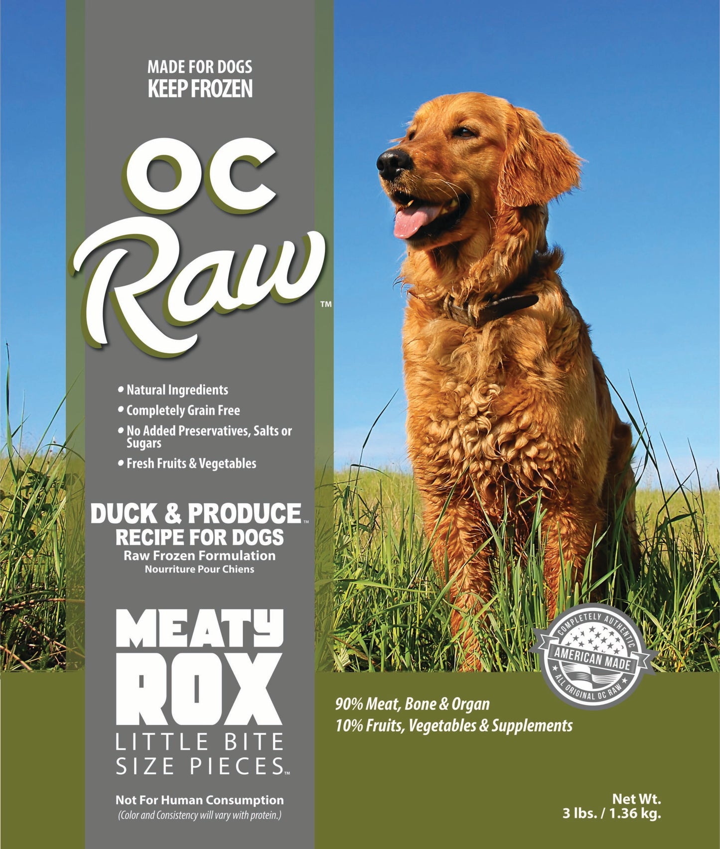 OC Raw Dog Duck & Produce Meaty Rox, Frozen Raw Dog Food, 3-lb Bag