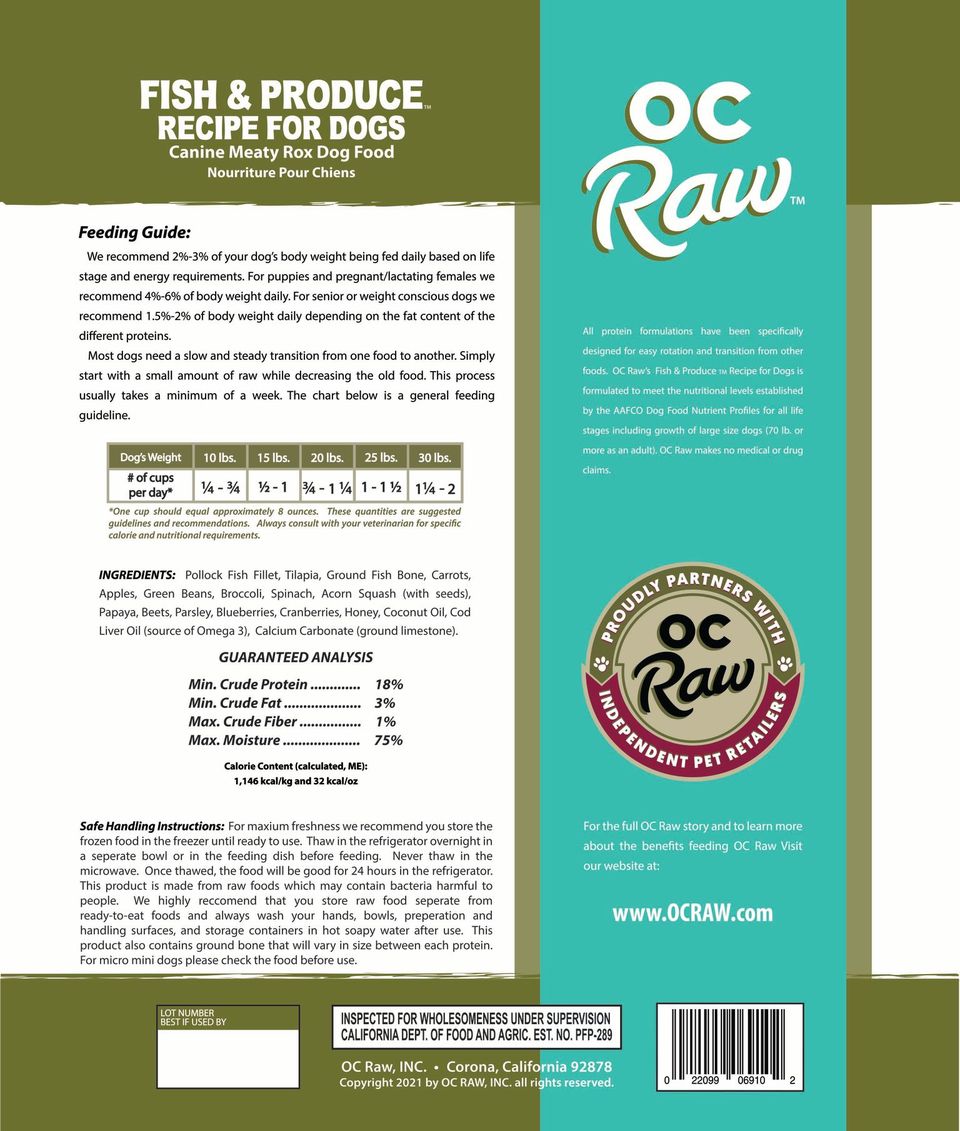OC Raw Dog Fish & Produce Meaty Rox, Frozen Raw Dog Food, 3-lb Bag
