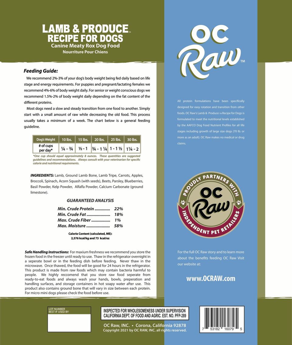 OC Raw Dog Lamb & Produce Meaty Rox, Frozen Raw Dog Food, 3-lb Bag
