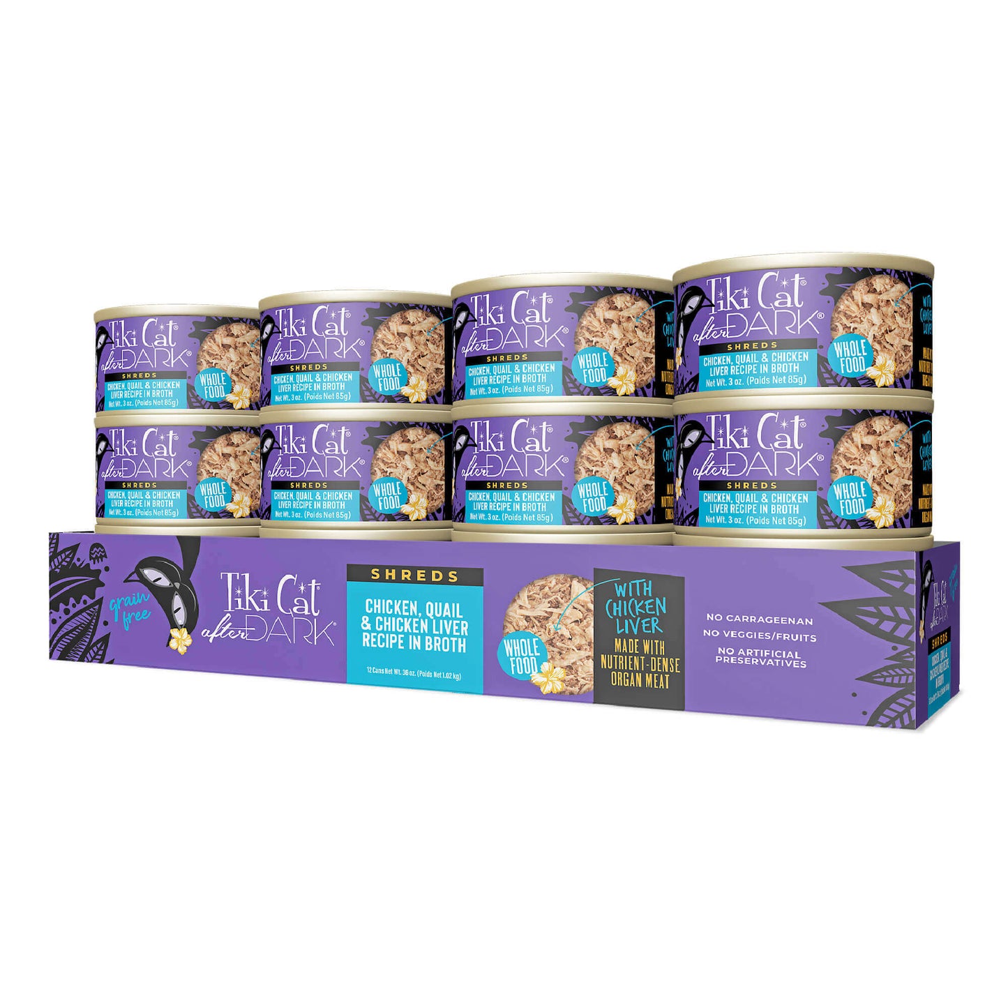 Tiki Cat After Dark Shreds Chicken, Quail & Chicken Liver Recipe in Broth, Wet Cat Food, 3-oz Case of 12