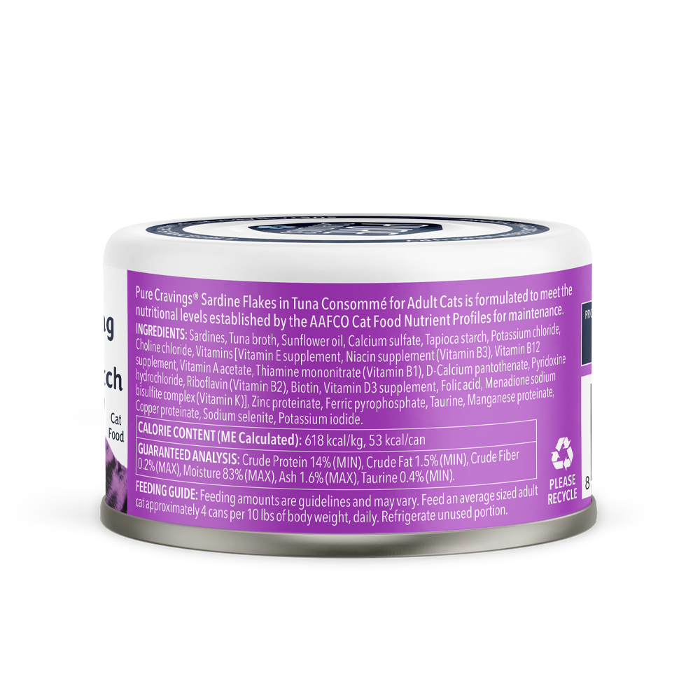 Pure Cravings Sardine Flakes in Tuna Consommé, Wet Cat Food, 3-oz Case of 12