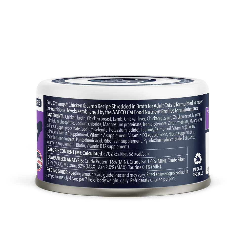 Pure Cravings Chicken & Lamb Recipe Shredded in Broth, Wet Cat Food, 3-oz Case of 12