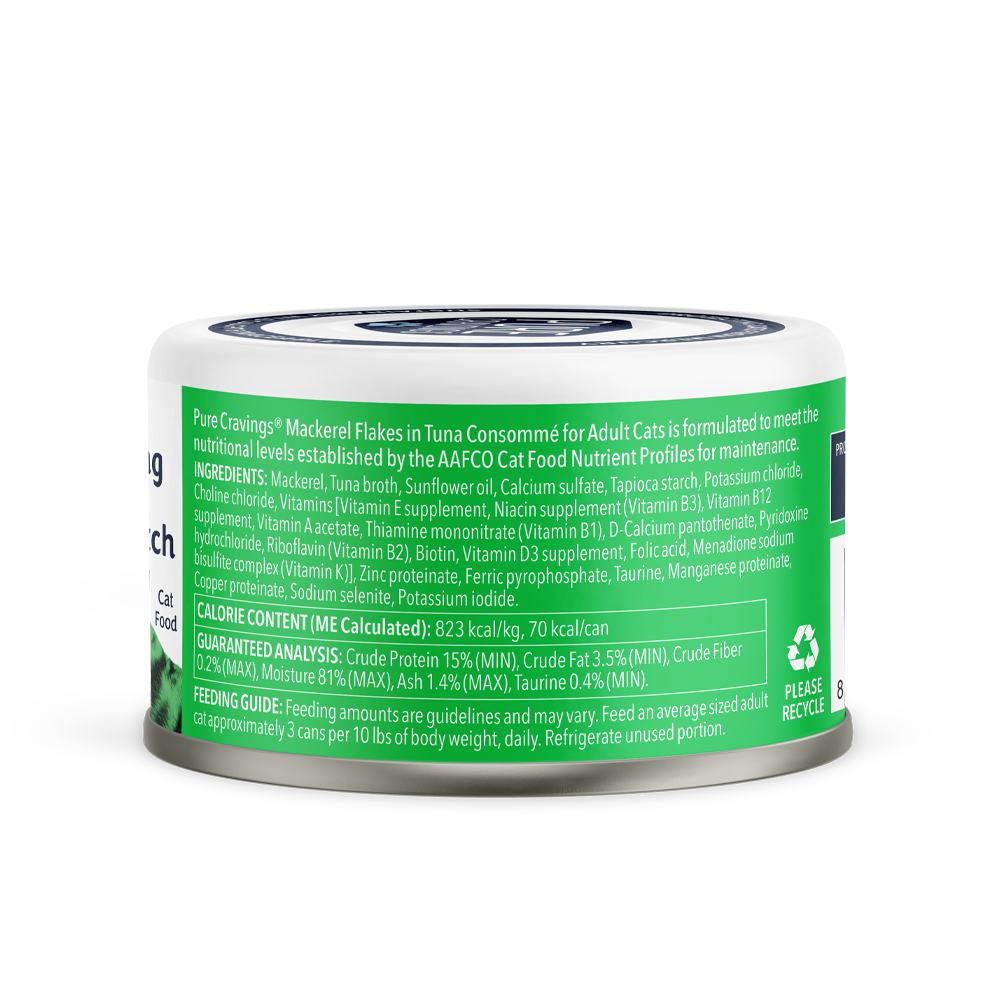 Pure Cravings Mackerel Flakes in Tuna Consommé, Wet Cat Food, 3-oz Case of 12
