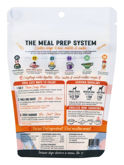 Grandma Lucy's Meal Prep BBQ Rub Topper, Dog Food Supplement, 3-oz Bag