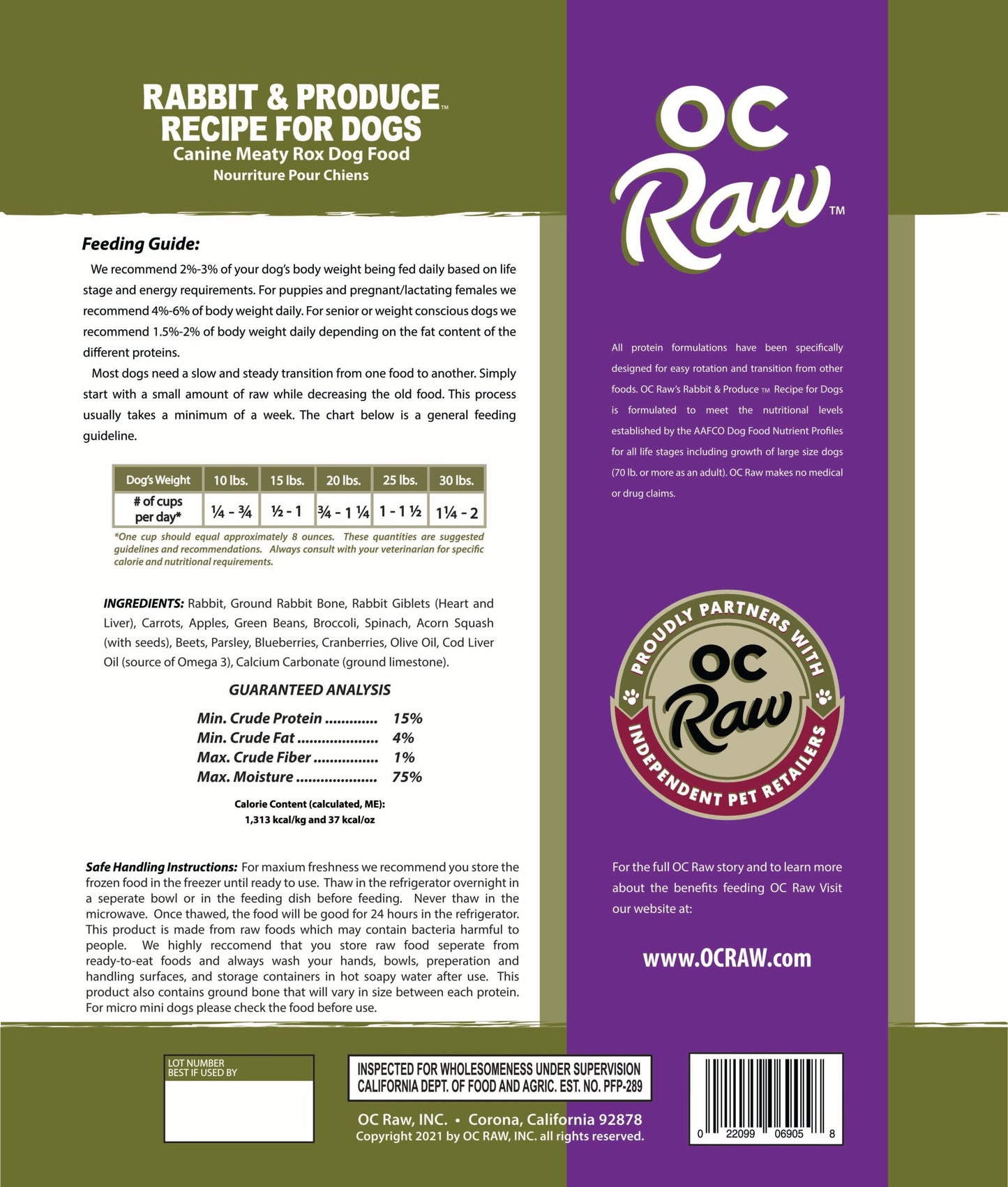 OC Raw Dog Rabbit & Produce Meaty Rox, Frozen Raw Dog Food, 3-lb Bag