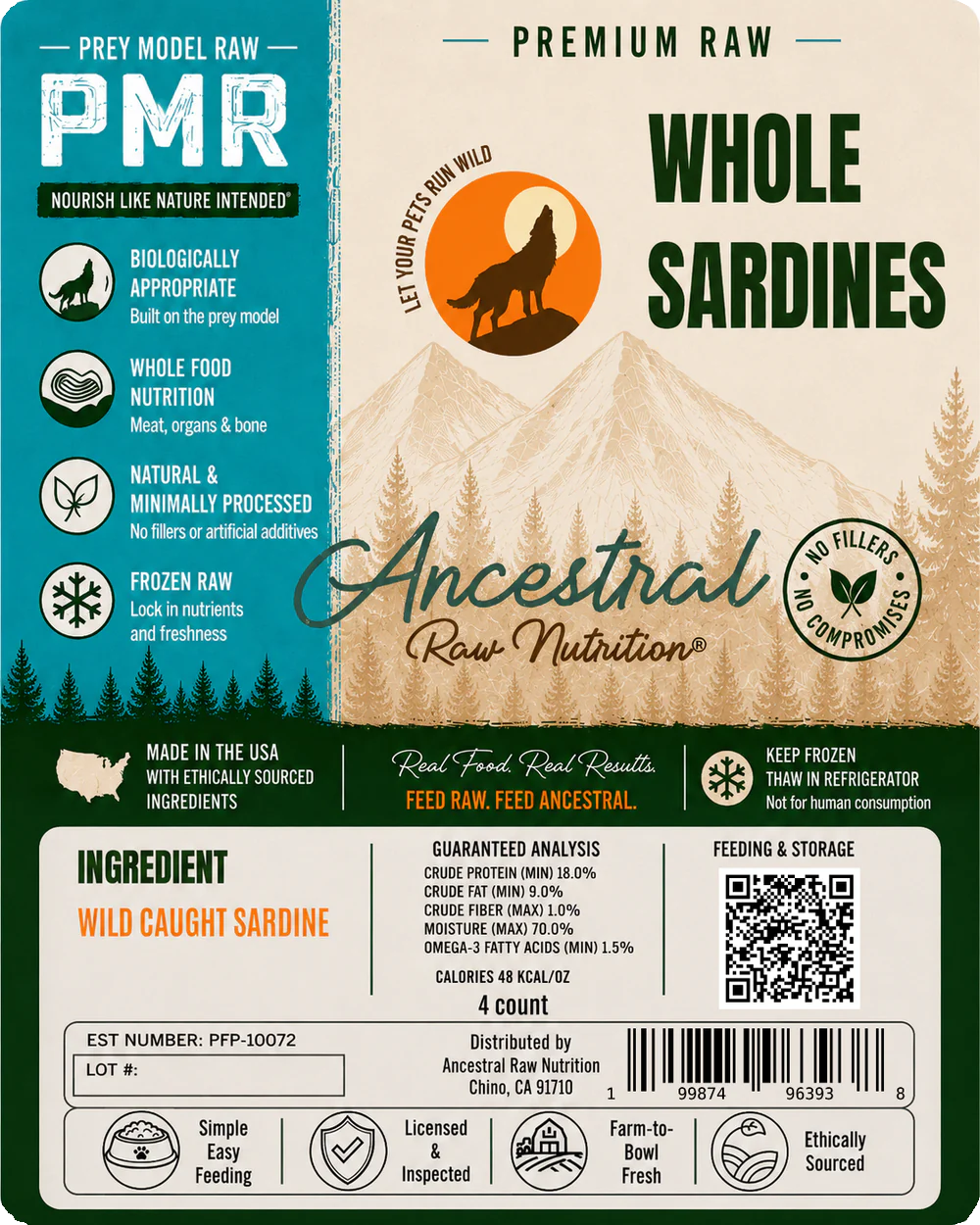 Ancestral Raw Nutrition Raw Wild Caught Sardines, Frozen Raw Dog Chew, 4-Count