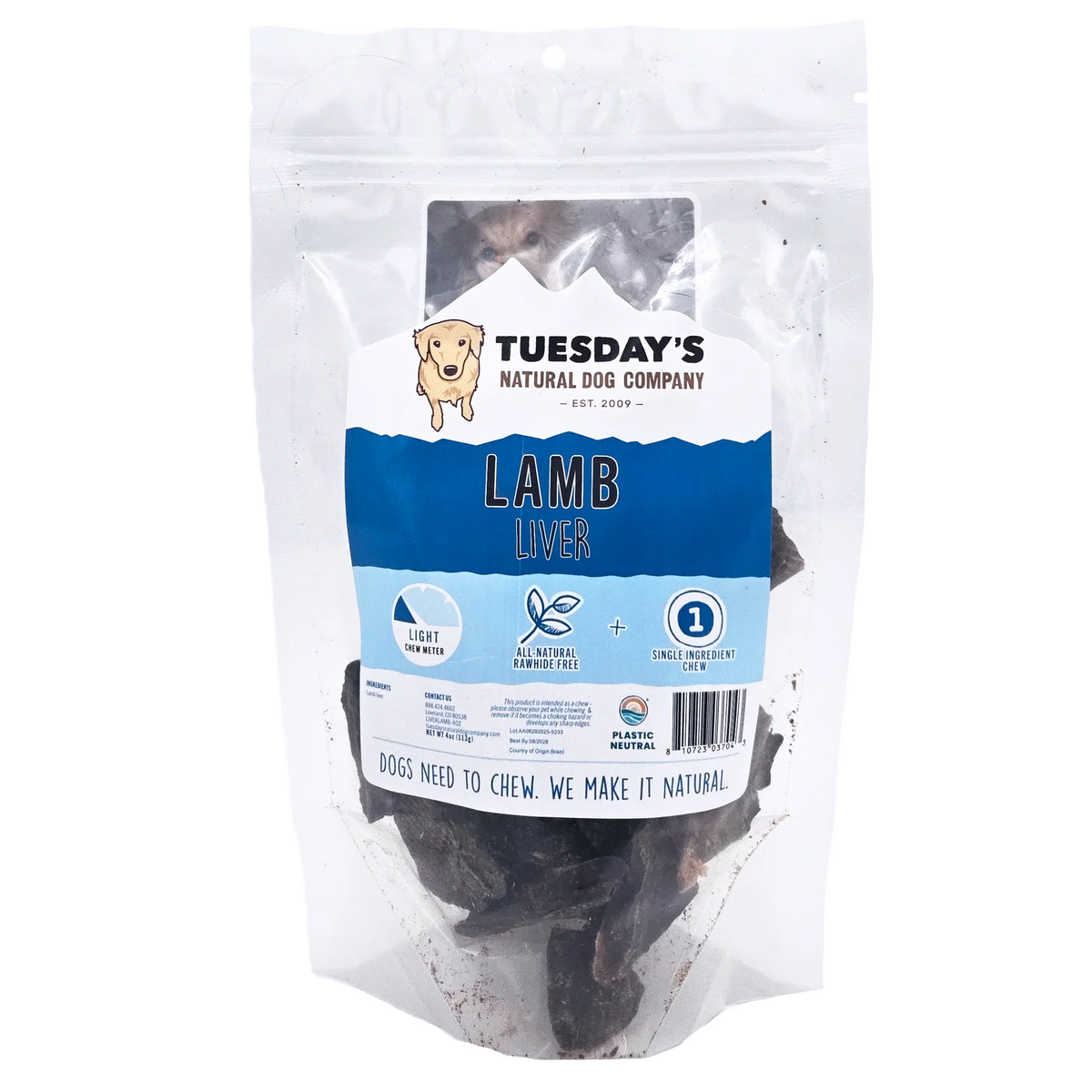 Tuesday's Natural Dog Company, Lamb Liver, Dog Treat, 4-oz Bag