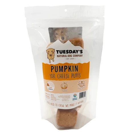 Tuesday's Natural Dog Company, Pumpkin Yak Cheese Puffs, Dog Treat, 4-oz Bag