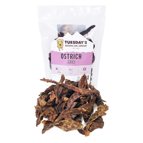 Tuesday's Natural Dog Company, Ostrich Jerky, Dog Treat, 4-oz Bag
