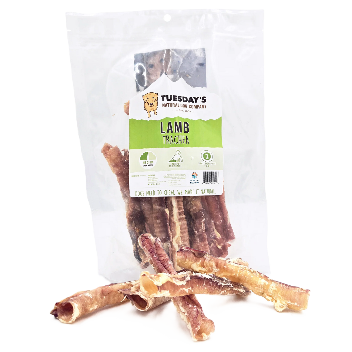 Tuesday's Natural Dog Company, Lamb Trachea, Dog Treat, 4-oz Bag