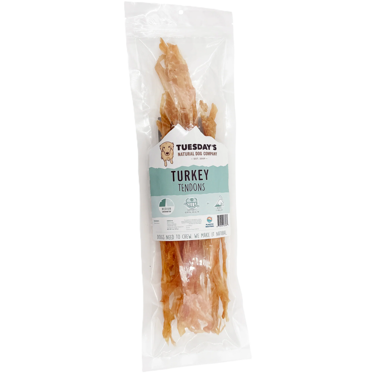 Tuesday's Natural Dog Company, Turkey Tendons, Dog Treat, 4-oz Bag