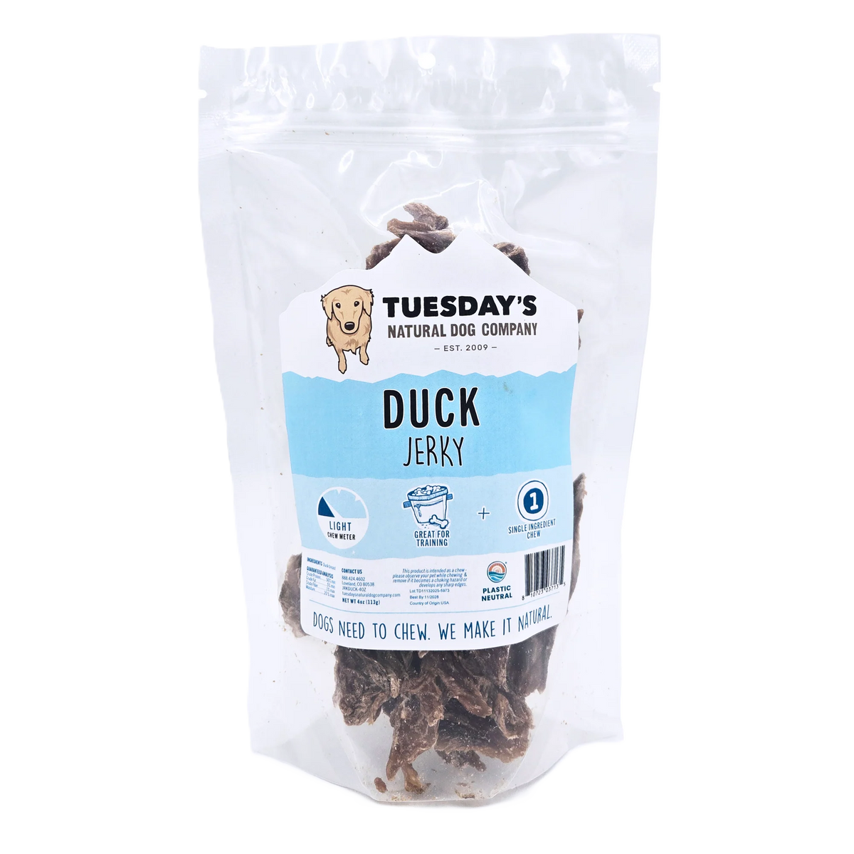 Tuesday's Natural Dog Company Duck Jerky, Dog Treat, 4-oz Bag
