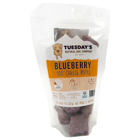 Tuesday's Natural Dog Company, Blueberry Yak Cheese Puffs, Dog Treat, 4-oz Bag