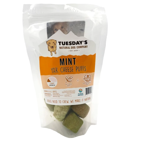 Tuesday's Natural Dog Company, Mint Yak Cheese Puffs, Dog Treat, 4-oz Bag