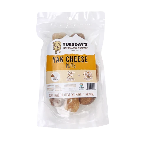Tuesday's Natural Dog Company, Yak Cheese Puffs, Dog Treat, 4-oz Bag