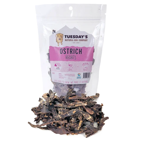Tuesday's Natural Dog Company, Ostrich Hearts, Dog Treat, 4-oz Bag