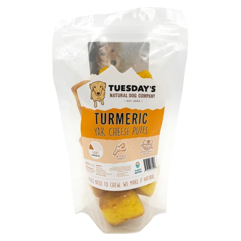 Tuesday's Natural Dog Company, Turmeric Yak Cheese Puffs, Dog Treat, 4-oz Bag