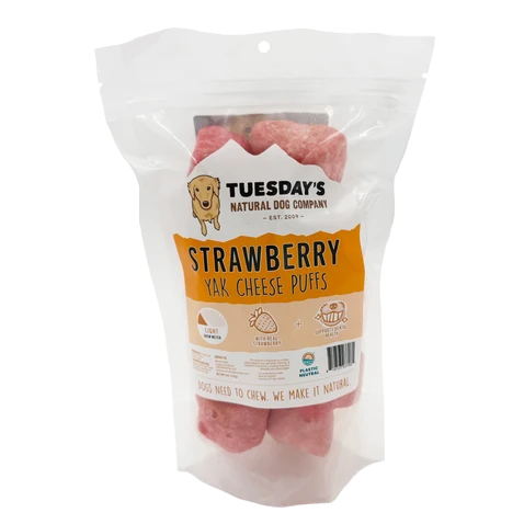 Tuesday's Natural Dog Company, Strawberry Yak Cheese Puffs, Dog Treat, 4-oz Bag