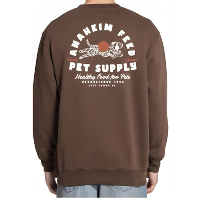 Comfortable brown Anaheim Feed crew neck sweatshirt with logo design