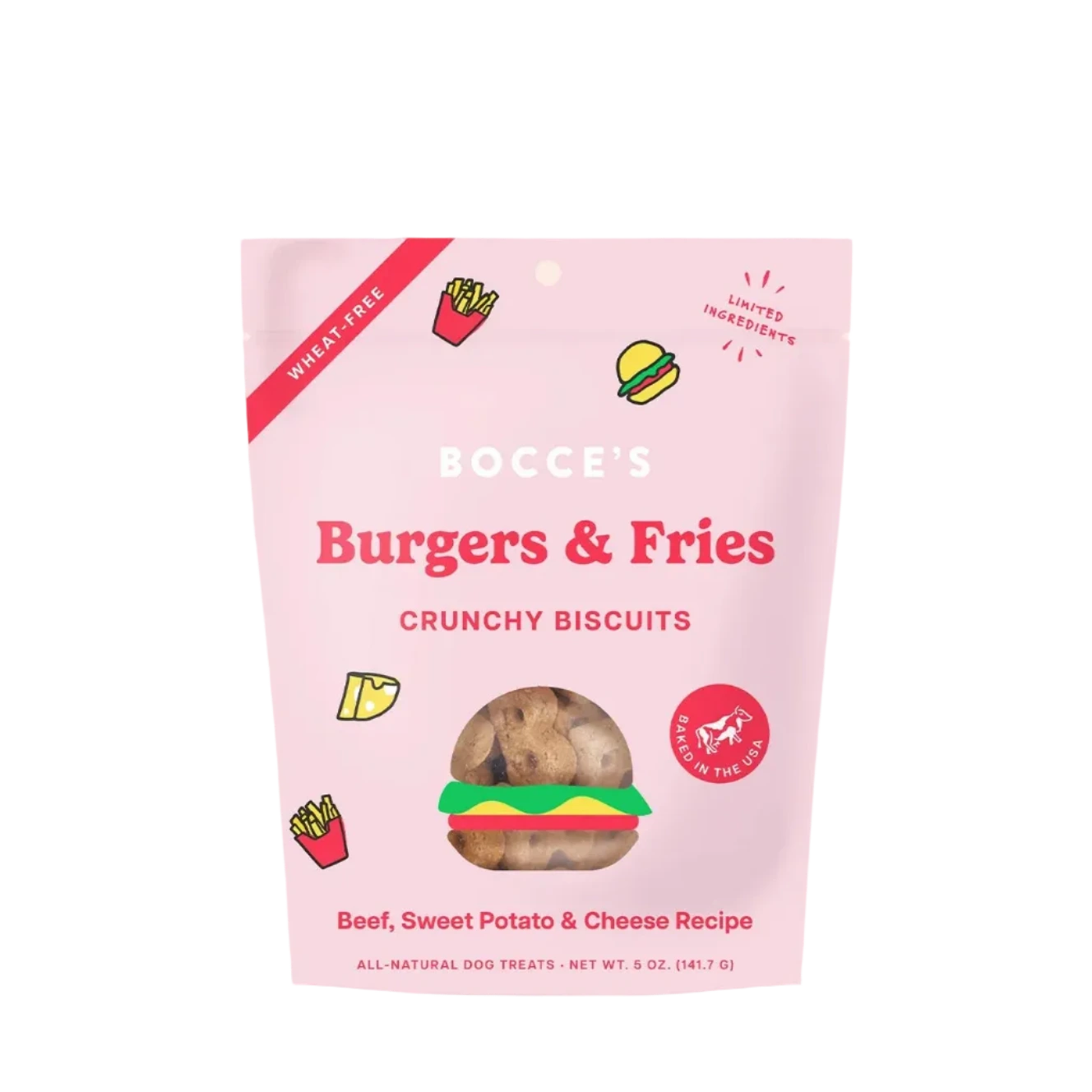 Bocce's Bakery Burgers & Fries Biscuits, Dog Treats, 5-oz Bag