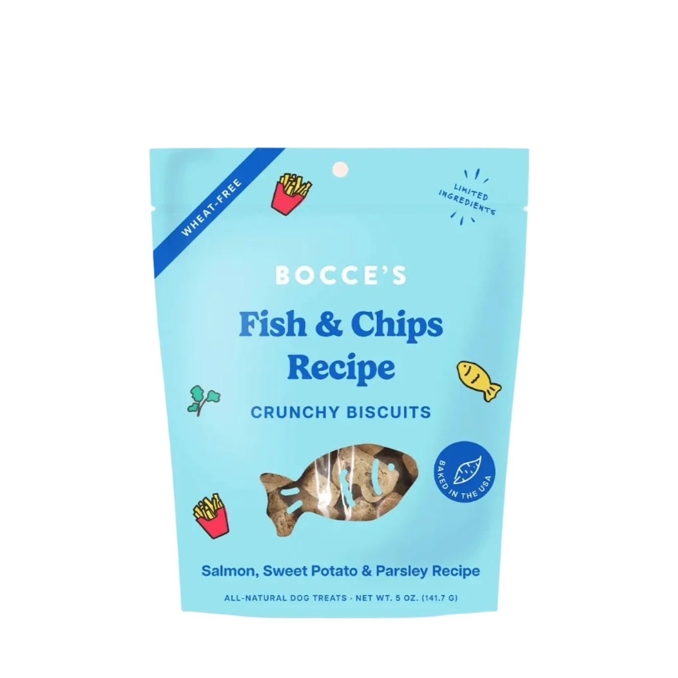 Bocce's Bakery Fish & Chips Biscuits, Dog Treats, 5-oz Bag