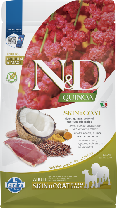 Farmina N&D Quinoa Skin & Coat Duck Med & Maxi, Dry Dog Food, 15.4-lb Bag