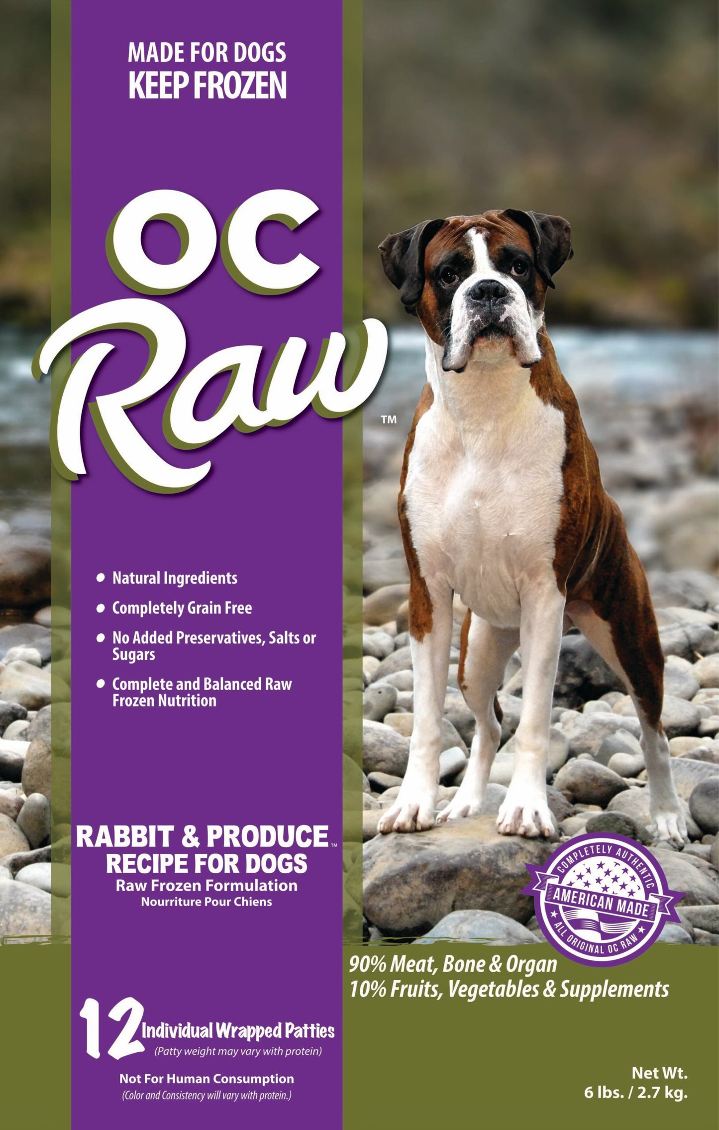 OC Raw Dog Rabbit and Produce Patties, Frozen Raw Dog Food, 6-lb Bag