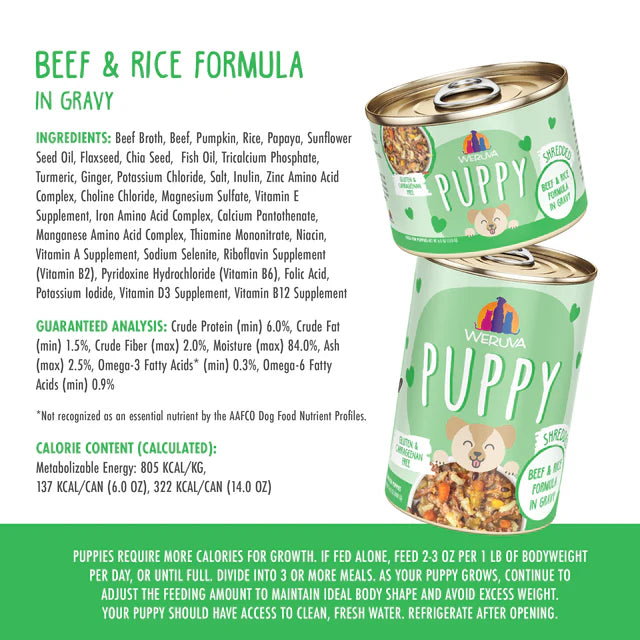 Weruva Puppy Beef & Rice Formula in Gravy, Wet Dog Food, 6-oz Can, Case Of 8