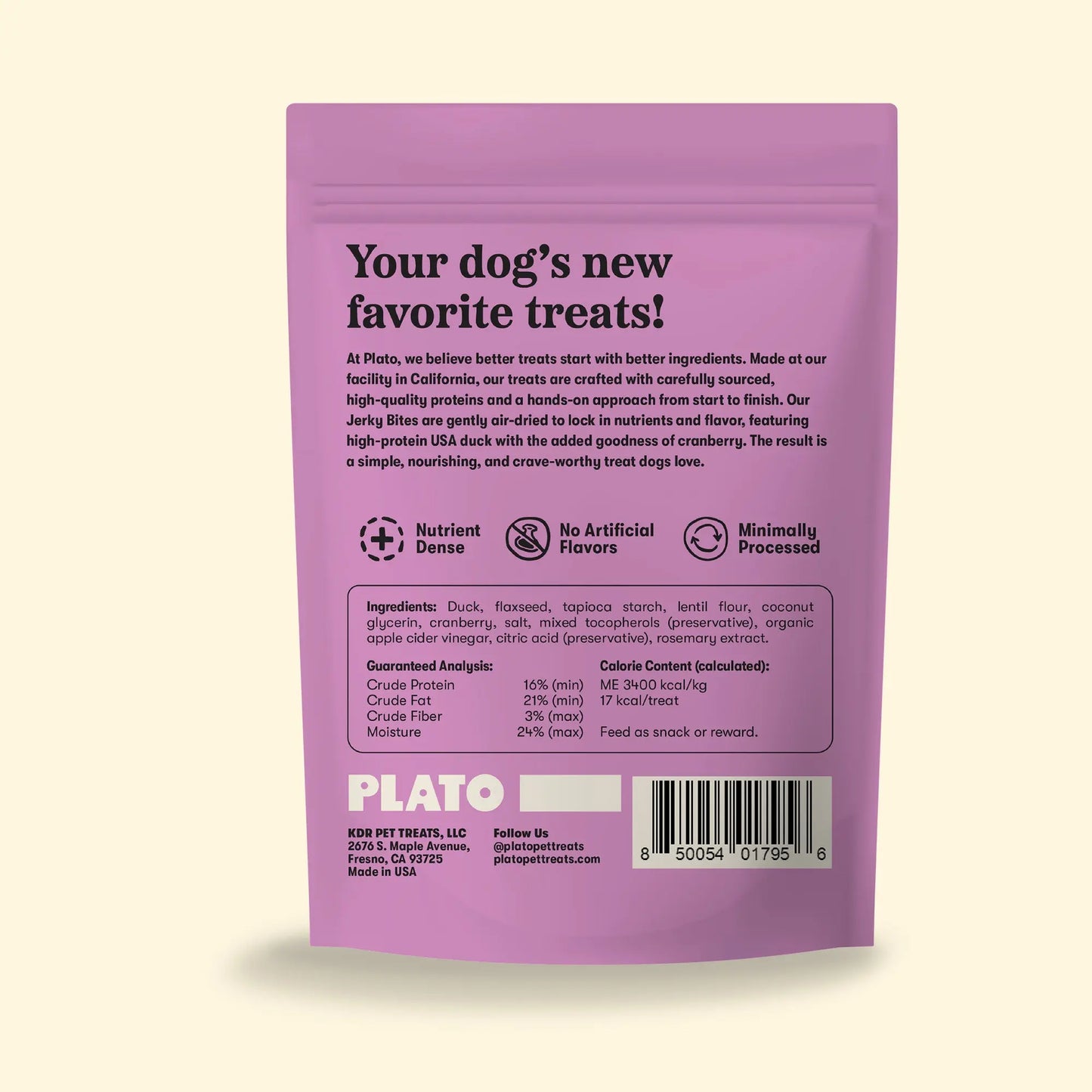 Plato Duck With Cranberry Jerky Bites, Dog Treat, 6-oz Bag