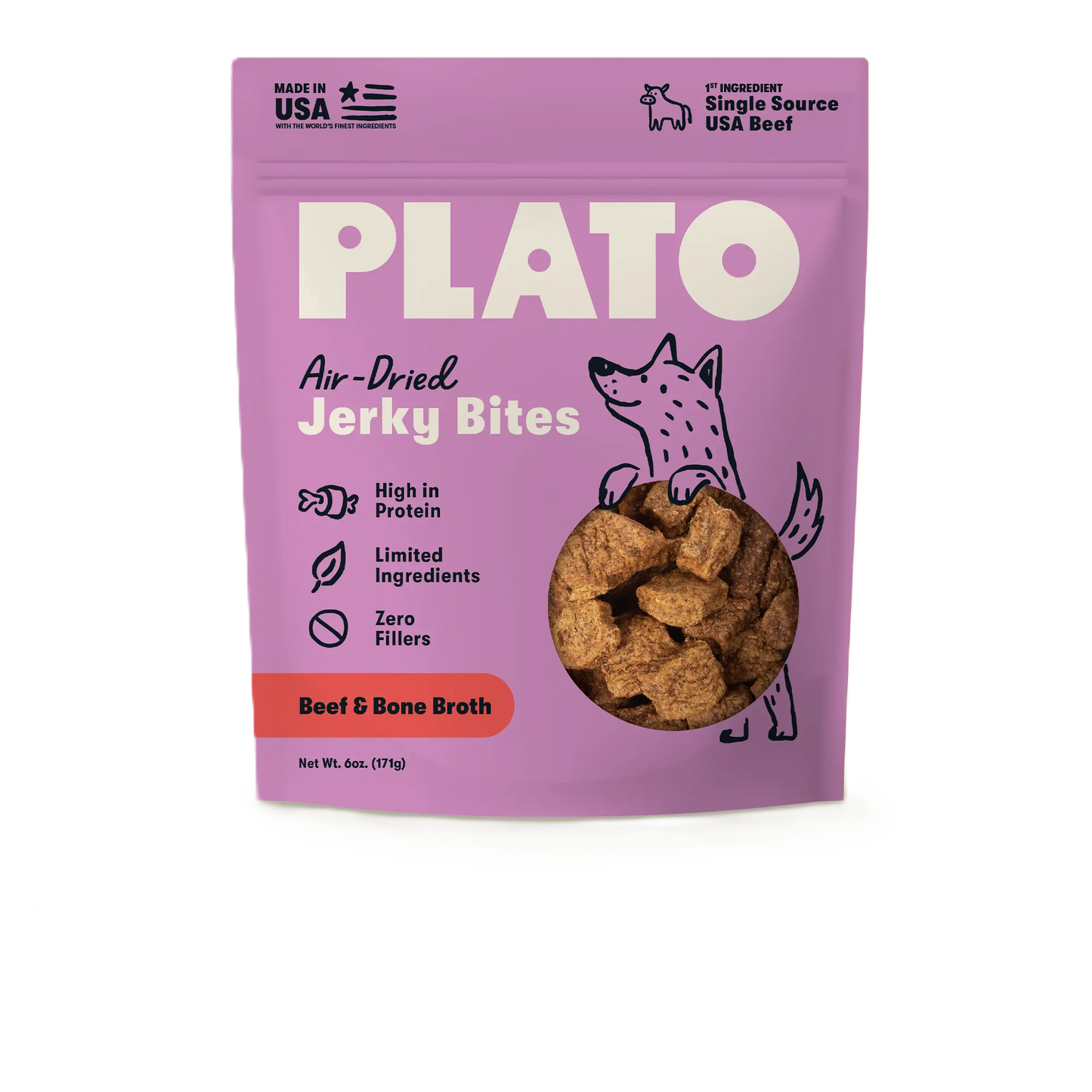 Plato Beef With Bone Broth Jerky Bites, Dog Treat, 6-oz Bag