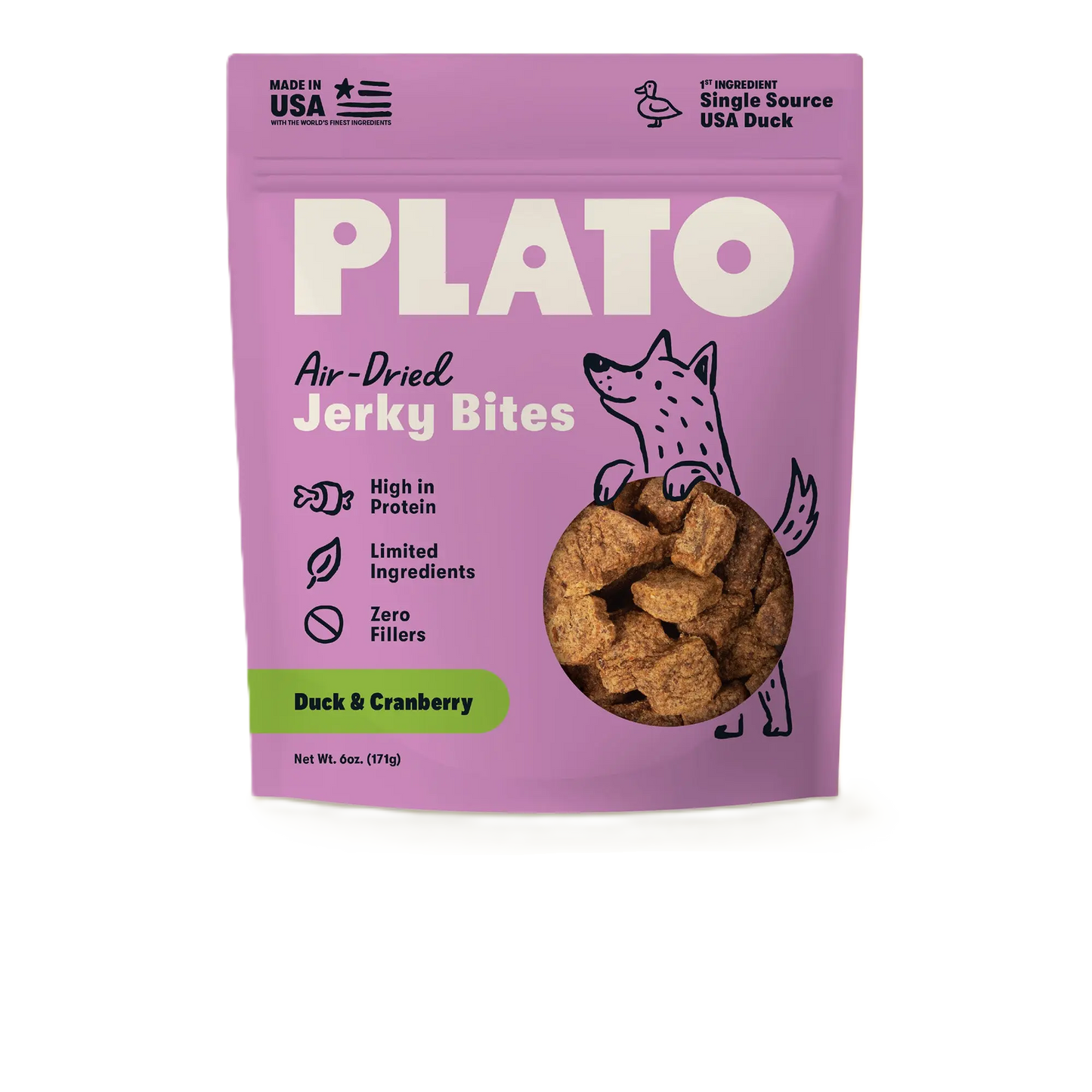 Plato Duck With Cranberry Jerky Bites, Dog Treat, 6-oz Bag