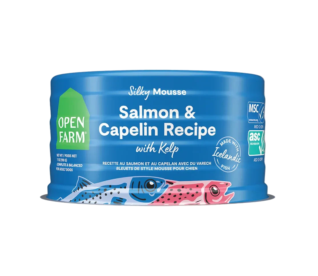 Silken Mousse Salmon & Capelin Recipe with Kelp container on a beige background