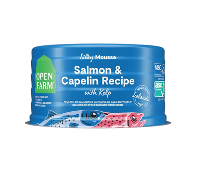 Silken Mousse Salmon & Capelin Recipe with Kelp container on a beige background