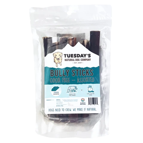 Tuesday's Natural Dog Company, 6-inch Bully Sticks Odor Free, Dog Chew, 8-oz Bag