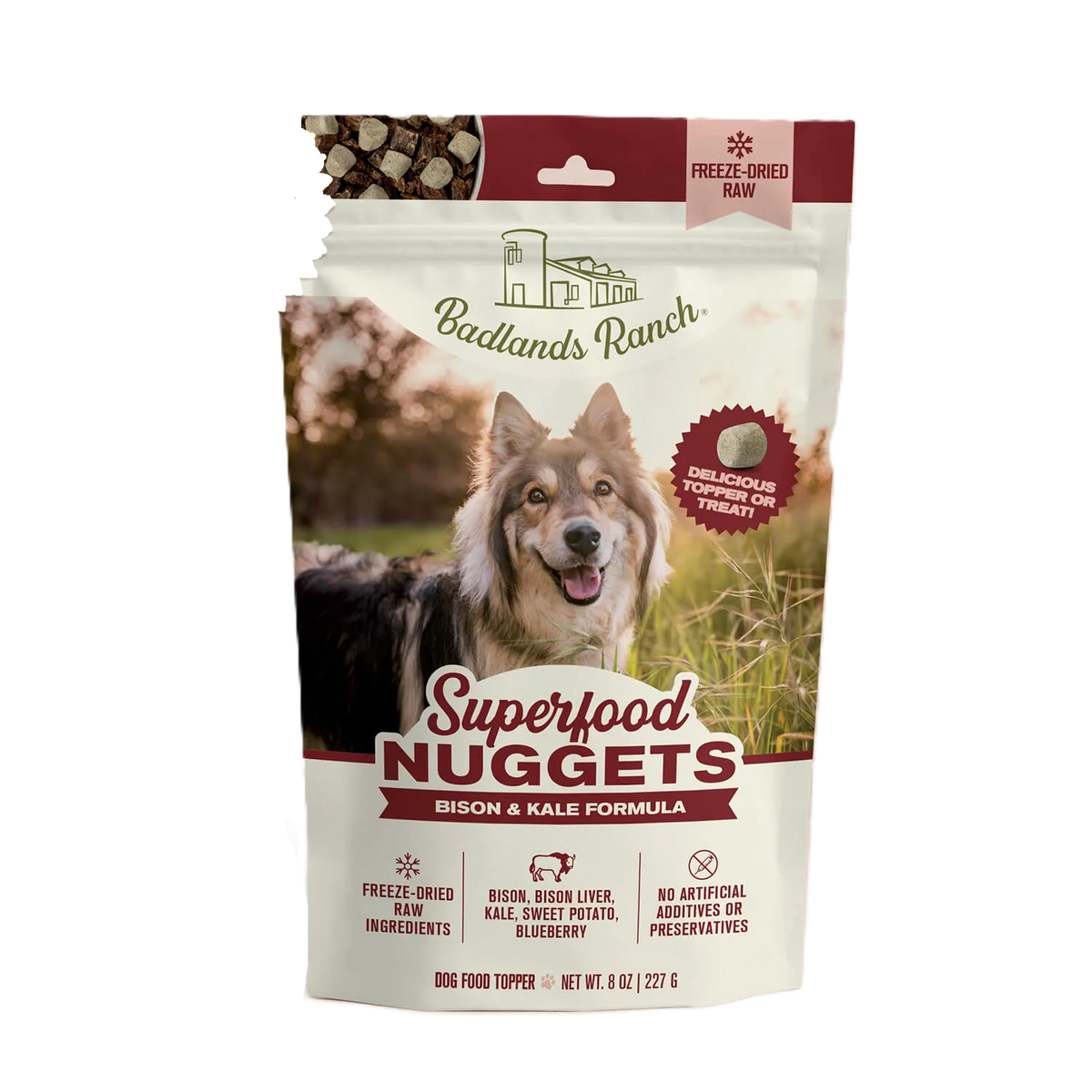 Badlands Ranch Superfood Nuggets Bison & Kale Formula, Freeze-Dried Raw Dog Food Topper, 8-oz Pouch