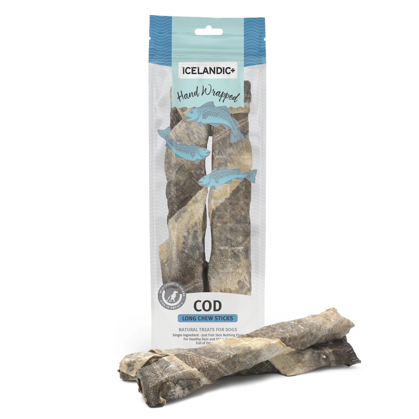 Icelandic+ Hand Wrapped Cod Skin Long 10" Chew Sticks for Dogs, 2-Pack