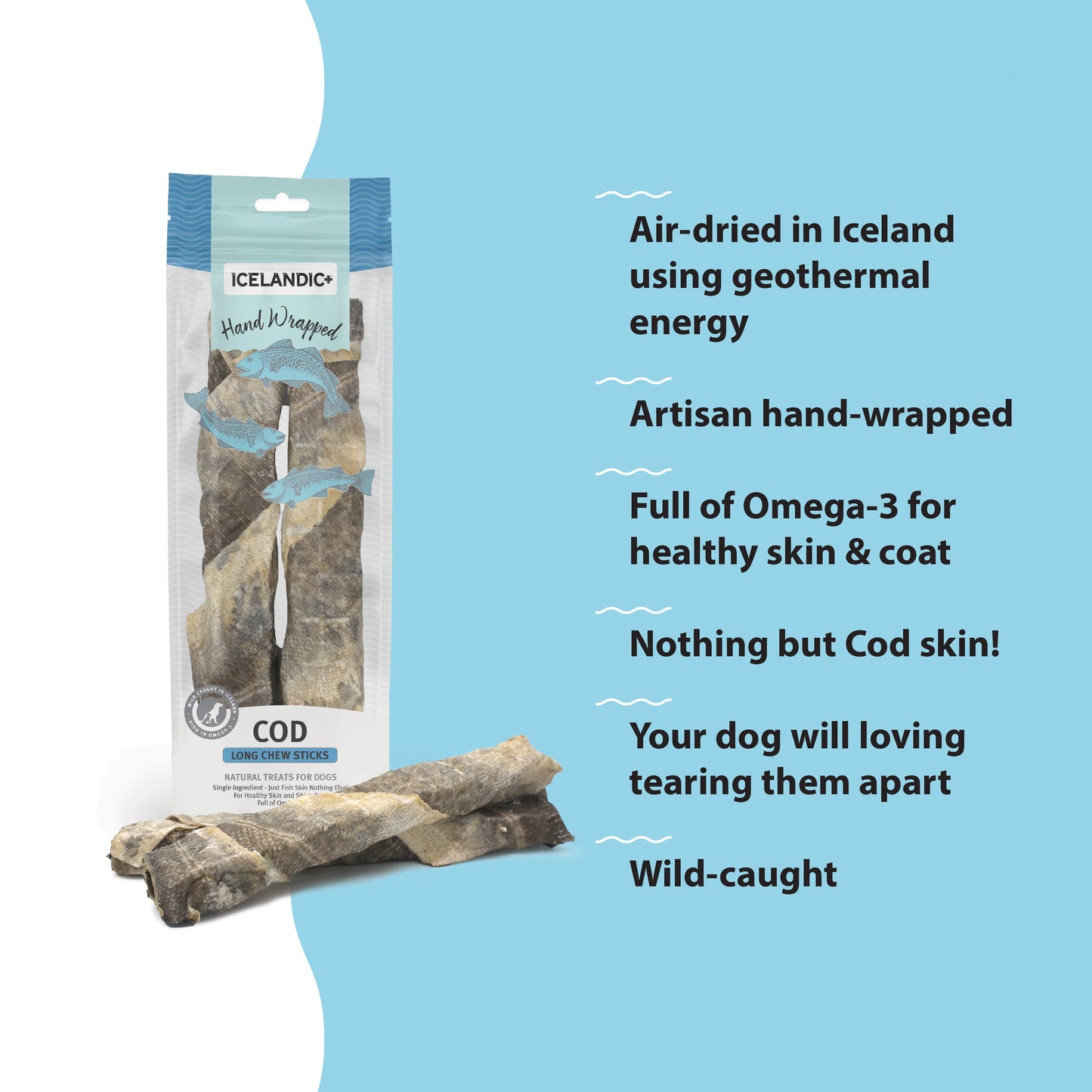 Icelandic+ Hand Wrapped Cod Skin Long 10" Chew Sticks for Dogs, 2-Pack