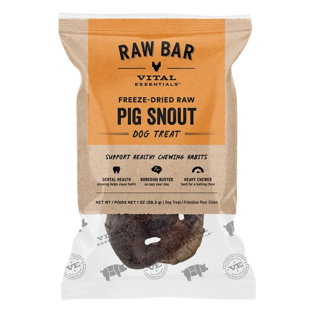 Vital Essentials freeze-dried raw pig snout dog chew for healthy teeth