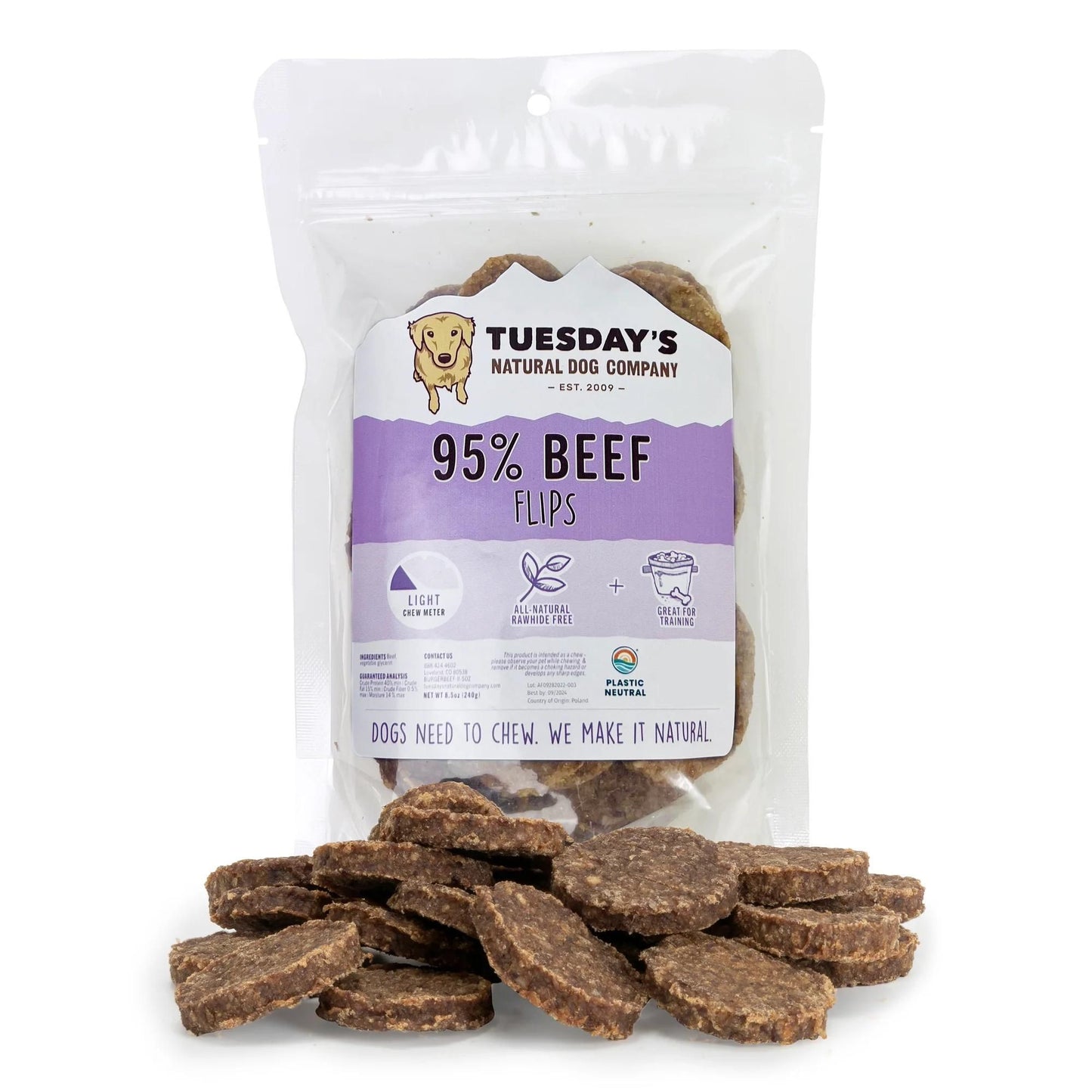 Tuesday's Natural Dog Company Beef Flips 8.5-oz, Dog Treat