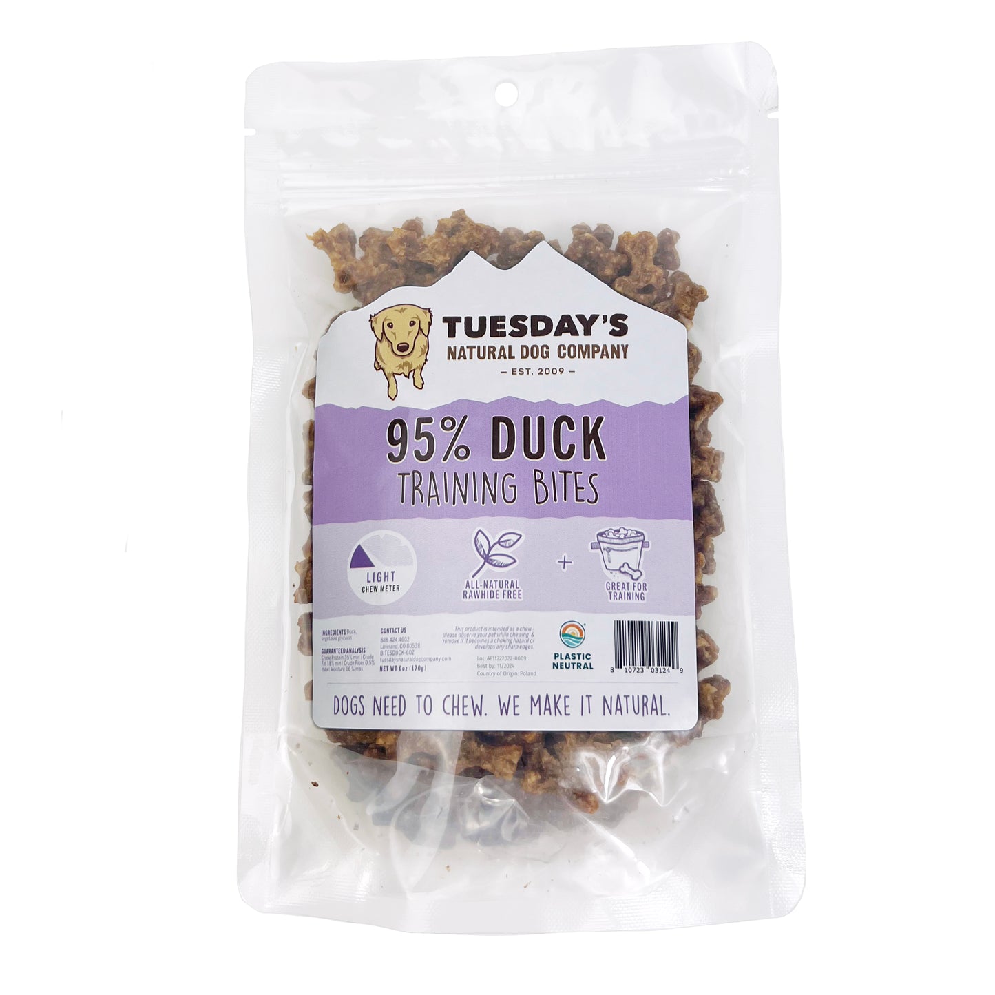 Tuesday's Natural Dog Company 95% Duck Bites 6-oz, Dog Treat