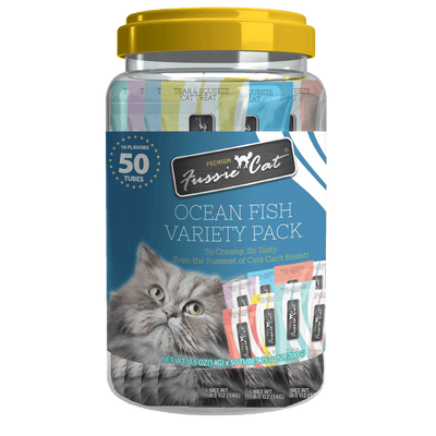 Fussie Cat Oceanfish Purée Variety 0.5-oz, 50-Pack, Cat Treats