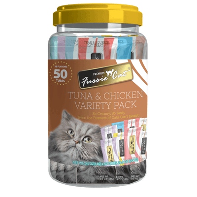 Fussie Cat Tuna & Chicken Purée 10 Flavor Variety 0.5-oz, 50-Pack, Cat Treats