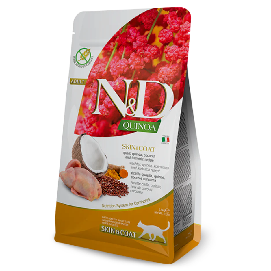 Farmina N&D Quinoa Skin & Coat – Quail, Quinoa, Coconut and Turmeric Dry Cat Food, 11-lb Bag