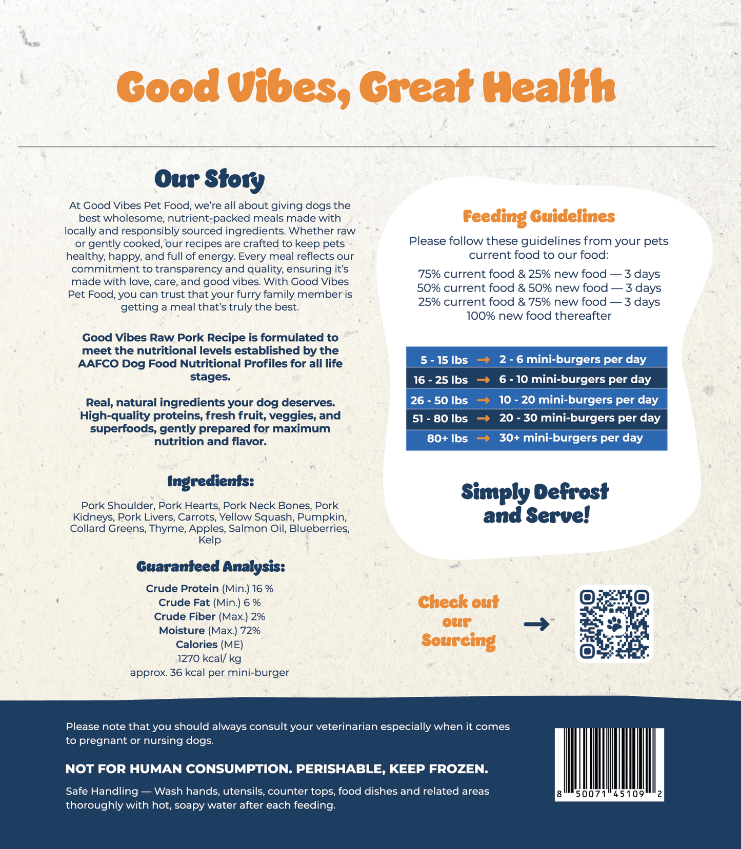 Good Vibes Gently Cooked Pork Mini-Burgers, Frozen Dog Food